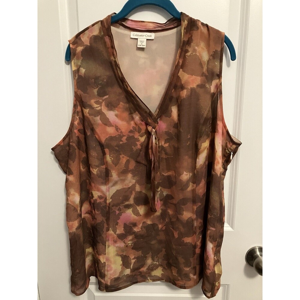 Coldwater Creek Tank Top Sleeveless Shell 1X 16W18W Brown Pink Watercolor Floral